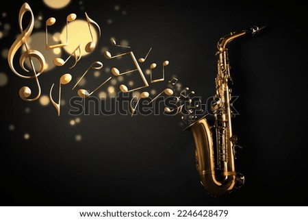 Music notes and other musical symbols flowing from saxophone on black background Royalty-Free Stock Photo #2246428479