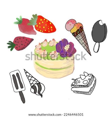 Sweets on a white background. Ice cream, strawberries, cake