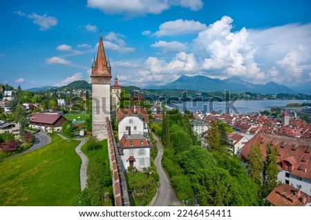 Luzern old town wall aerial view. Alps and lake Luzern on the background. Switzerland.
