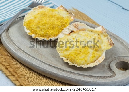 scallop shell on a wooden board Royalty-Free Stock Photo #2246455017