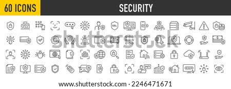 Set of 60 Security web icons in line style. Guard, cyber security, password, smart home, safety, data protection, key, shield, lock, unlock, eye access. Vector illustration. Royalty-Free Stock Photo #2246471671
