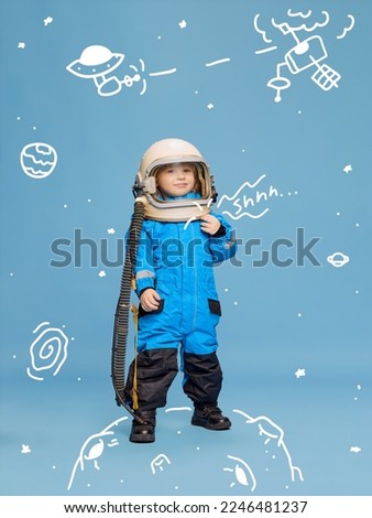 Creative design with drawn elements. Portrait of little boy, child in costume of astronaut over blue background. Little adventurer. Concept of imagination, childhood, creativity, dreams, ad