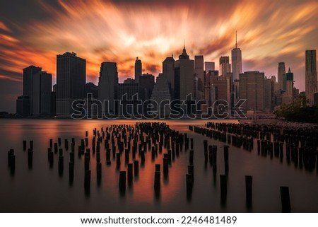 New York City from the Hudson River with the skyline and Freedom Tower in the background during sunset