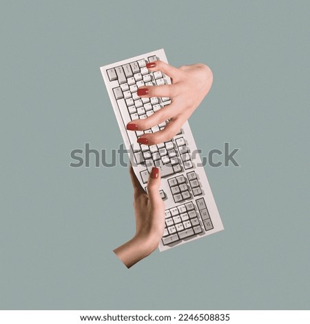 Contemporary art collage. Creative design. Female hands typing on computer keyboard. Mass media, journalism, business. Concept of surrealism, news, information, occupation, imagination and artwork.