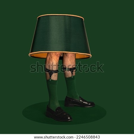 Contemporary art collage. Creative design. Abstract surreal artwork. Male legs in socks standing under lamp over green background. Concept of surrealism, imagination, vintage, inspiration, fashion.
