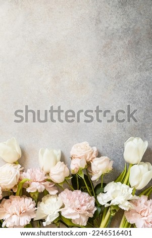 Beautiful spring flowers greeting card. Flower composition for holiday Valentine's Day, Women's Day, birthday, mothers day. View from above. Copy space.