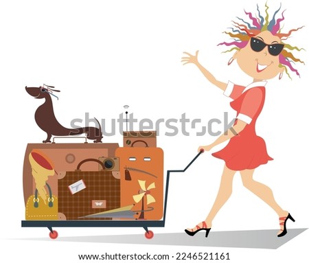 Young woman with a luggage on the trolley. 
Illustration of smiling young woman pushing a trolley with the baggage
