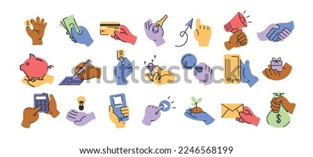 Hands holding various business object, various simple hand gestures in a flat design very easy to edit. Flat vector illustration.