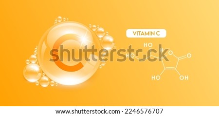 Drop water vitamin C orange with chemical structure. Vitamins complex collagen serum. Beauty treatment skincare. Medical and scientific concepts. 3D Realistic Vector EPS10. Royalty-Free Stock Photo #2246576707