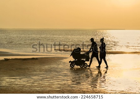 Family relationship is real gold - Silhouettes of man and woman with baby carriage and dog walking on beach among golden sunset