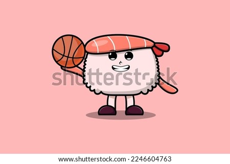 Cute cartoon Sushi shrimp character playing basketball in flat modern style design illustration