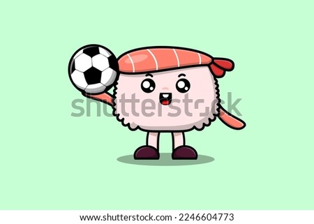 Cute cartoon Sushi shrimp character playing football in flat cartoon style illustration