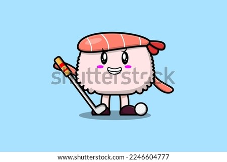 Cute cartoon Sushi shrimp character playing golf in concept flat cartoon style illustration