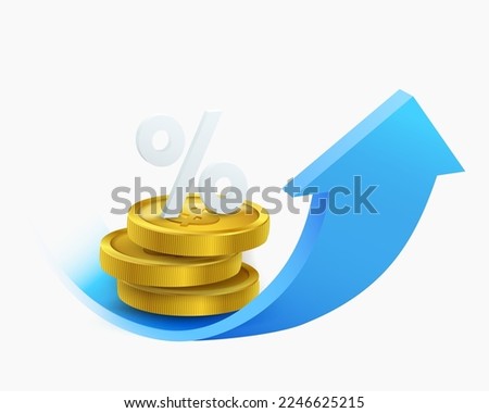 Blue curved arrow of money rising trend Interest percentage increase, deposit. Creative concept of stock market movement. Royalty-Free Stock Photo #2246625215