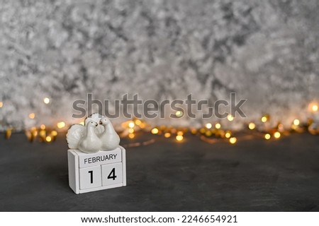 a wooden calendar with the date February 14, Valentine's day and two pigeons on it. High quality photo