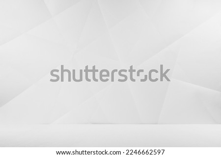 White abstract geometric background as scene with crossed lines, corners and polygon shapes as wall and wood table in soft light gradient white color and simple contemporary minimalist urban style