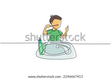 Single continuous line drawing boy brushing his teeth with thumbs up gesture. Routine habits for cleanliness, health, freshness of mouth and teeth. One line draw graphic design vector illustration