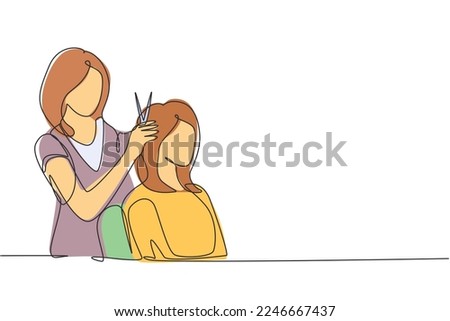 Continuous one line drawing Going for change of style. Beautiful woman discussing hairstyling with her hairdresser holding scissors while sitting in hairdressing salon. Single line draw design vector Royalty-Free Stock Photo #2246667437