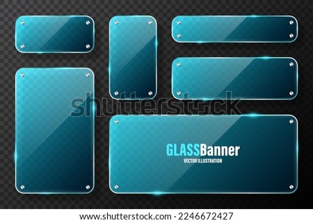 Realistic glass frames with metal holders. Blue transparent glass banners with flares and highlights. Glossy acrylic plate, element with light reflection and place for text. Vector illustration Royalty-Free Stock Photo #2246672427
