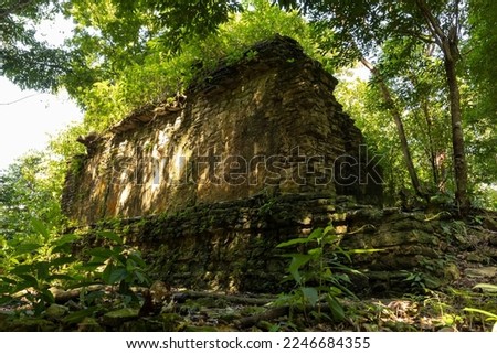 Hidden and forgotten mayan ruins in Palenque forest, Chiapas, Mexico. This is a touristic place in Mesoamerica. One of the well preserved cities. Royalty-Free Stock Photo #2246684355