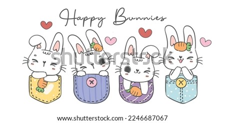 group of four cute baby white happy bunny rabbit animal in sweet t shirt pocket cartoon character doodle hand drawing vector