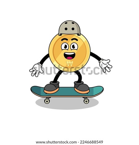 south korean won mascot playing a skateboard , character design