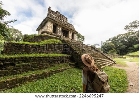 Caucasian traveler in the mayan ruins of Palenque, Chiapas, Mexico. This is a touristic place in Mesoamerica. One of the well preserved cities. Royalty-Free Stock Photo #2246695247