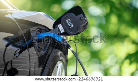 Close up of electric car inlet with a connected charging cable on a green background
