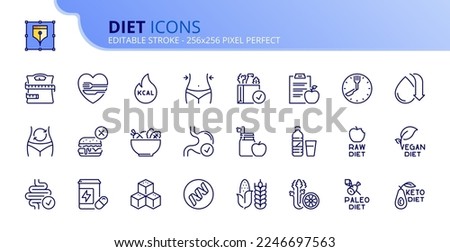 Line icons about diet. Contains such icons as healthy food, fat, protein, vegetables, fruit, carbohydrates, and sugar. Editable stroke Vector 256x256 pixel perfect Royalty-Free Stock Photo #2246697563