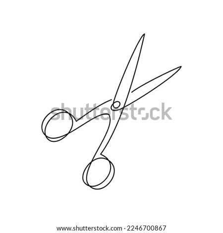 Scissors one line continuous drawing vector illustration. Hand drawn linear silhouette icon. Minimal design element for print, banner, card, wall art poster, brochure.