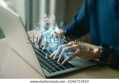 Bussiness  hand using laptop with virtual popup icon of cloud computin Storage and data transfer Cloud network , Cloud technology. Networking and internet service concept.