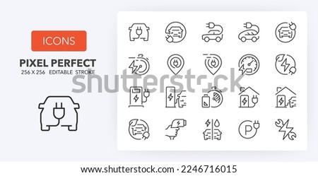Electric car. Thin line icon set. Outline symbol collection. Editable vector stroke. 256x256 Pixel Perfect scalable to 128px, 64px...