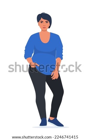 Body positive woman. Plus size female character. Attractive curvy, overweight girl. Oversize obesity, pretty large lady in beautiful fashionable clothes. Vector illustration Royalty-Free Stock Photo #2246741415