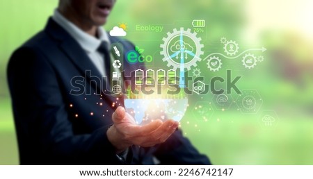 Net carbon neutrality. With regard to business, the hand of pollution and effective management with netzero symbols - renewable energy, reduced CO2 emissions, green production, and waste recycling Royalty-Free Stock Photo #2246742147