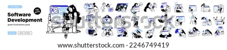 Programming Illustration Set. Different characters working on web and application development on computers. Software developers. Flat vector style illustrations. Royalty-Free Stock Photo #2246749419