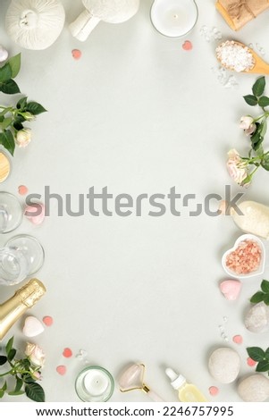 Romantic SPA background with natural cosmetic and champagne. Massage and couple relax in zen, health and wellness salon, romance and body pamper treatment. Valentine's Day