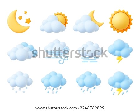 Plasticine 3d weather icons, render style sun, cumulus and snowflakes. Trendy fluffy bubbles clouds, wind symbol, raindrops. Pithy isolated vector set Royalty-Free Stock Photo #2246769899