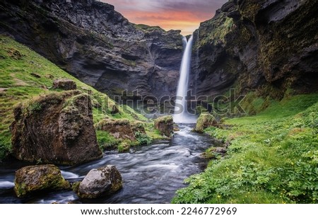 Incredible Iceland nature landscape. Kvernufoss waterfall Popular touristic location. Best famouse travel area. Scenic Image of nature. Iceland is one most popular country for landscape photographers. Royalty-Free Stock Photo #2246772969