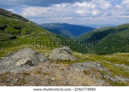 Landscape of plateau around National Tourist Route Aurlandsfjellet, known locally as the Snow Road (Snøvegen). Norway Royalty-Free Stock Photo #2246774885