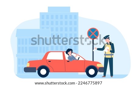 Policeman and driver. Traffic cop give parking ticket, driving mistake. Officer fine to man in car, prohibited park auto. Recent vector city scene with inspector Royalty-Free Stock Photo #2246775897