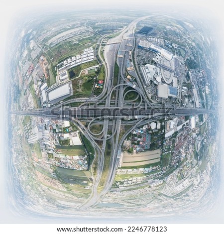 Aerial view of smart modern multilevel motorway junction, toll way, road traffic,highway an important infrastructure, expressway road and roundabout, transportation and travel concept, shot from drone