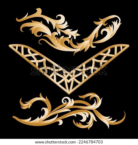 Graphic vector set of natural golden ornamental patterns in the baroque style, design elements for the design of postcards, wallpapers, textiles