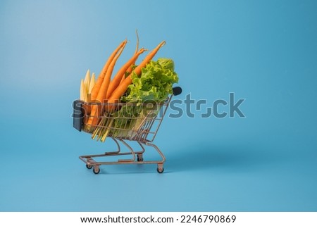 Mixed  Vegetable in cart on blue background, coral, corn, baby corn, baby carrot, healthy, clean food good tast and saft, organic food concept.