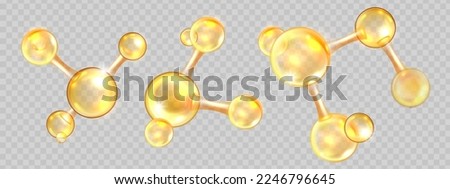 Gold oil molecule set, jojoba nano 3D cell, collagen yellow ball, vector bio abstract medical icon. Beauty science skin care molecular concept, natural bubble kit. Gold molecule atom illustration Royalty-Free Stock Photo #2246796645