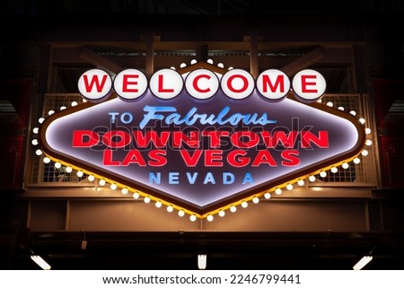 close up view of las vegas neon sign on night background