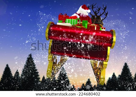 Santa flying his sleigh against snow falling on fir tree forest
