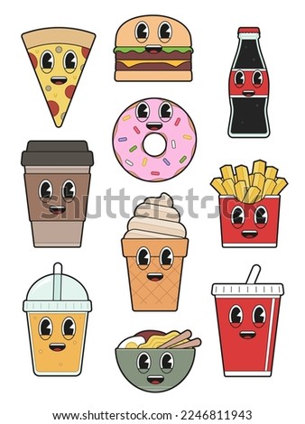 Vector illustration of a kawaii cartoon fast food characters set.