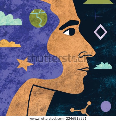 Mental health, meditation, self knowlege, psychology concept. Abstract human face profile with space, stars and planets. Flat vector illustration with texture
