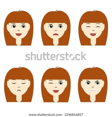 Isolated vector. A set of emotions on the face of a red-haired girl. Girl's face with different expressions. Variety of children's emotions. School portrait avatars. Variety of teenage emotions.