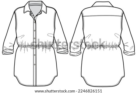 Women woven shirt tunic dress design with pocket flat sketch fashion illustration with front and back view. Long sleeve curved hem shirt dress drawing vector template Royalty-Free Stock Photo #2246826151